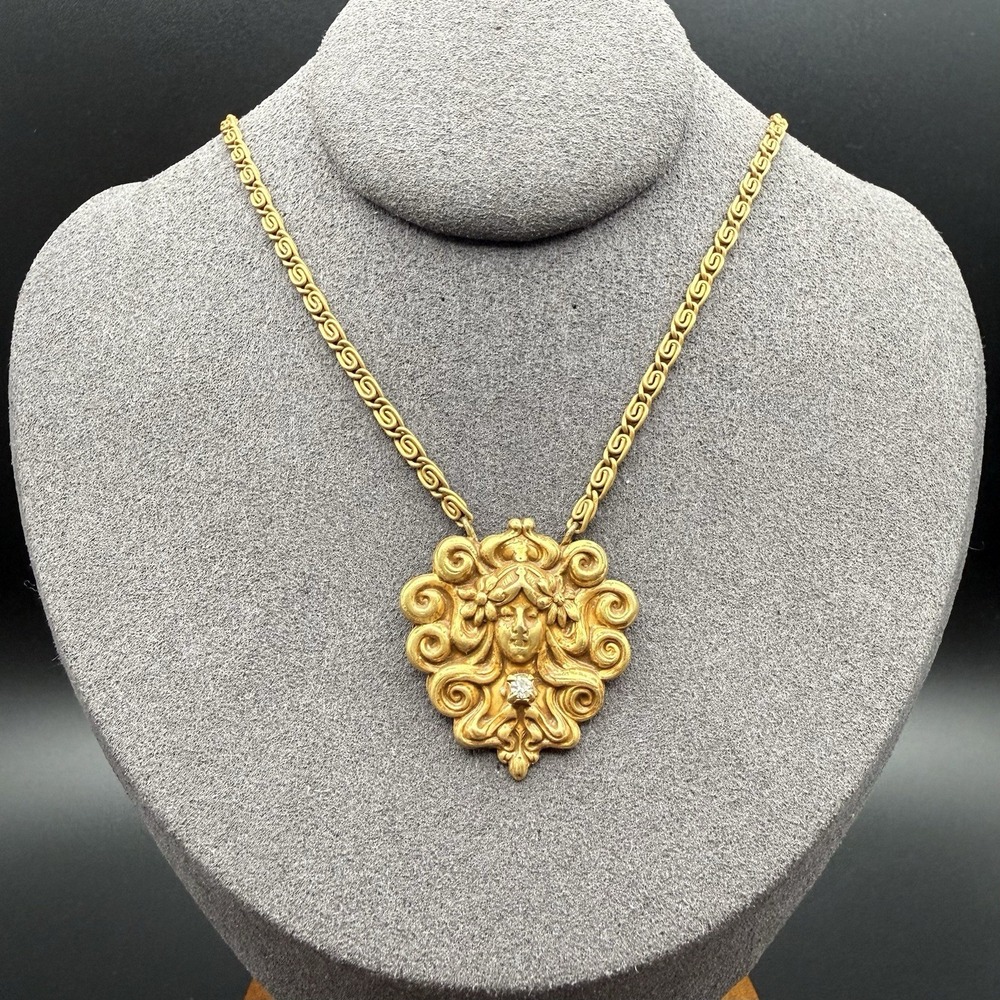 Vintage Art Nouveau Revival Siren Goddess Maiden Face Gold Tone Necklace 16in